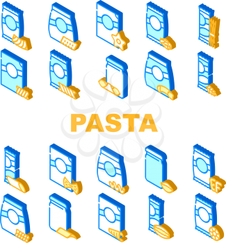 Pasta Food Package Collection Icons Set Vector. Gnocchetti Sardi And Rigatoni, Fusilli And Farfalle, In Spiral Form And Alphabet Shape Pasta Color Illustrations