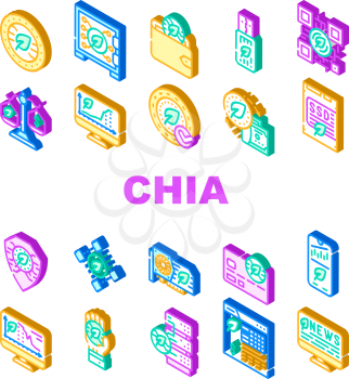 Chia Cryptocurrency Collection Icons Set Vector. Chia Cryptocurrency Blockchain And Mining, Monitoring Trade Market And Exchange Color Illustrations