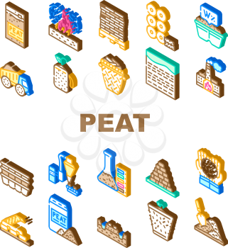 Peat Fuel Production Collection Icons Set Vector. Thermal Power Plant And Manufacturing Factory, Truck Carrying And Cassette Peat Color Illustrations