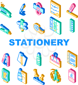 Stationery Equipment Collection Icons Set Vector. Stationery Knife And Clip, Pen And Pencil, Corrector And Compass, Stapler And Anti-stapler Tool Color Illustrations