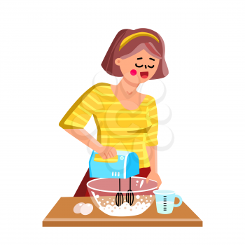 Hand Mixer Kitchen Equipment Using Girl Vector. Young Woman Cooking And Use Electronic Device Mixer. Character Cook Chef Preparing Delicious Meal Or Bakery Pie Flat Cartoon Illustration