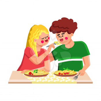 Pasta Meal Eating Boy And Girl Together Vector. Young Man And Woman Eat Delicious Pasta With Vegetables In Italian Restaurant Or Home. Characters Spaghetti Gourmet Recipe Flat Cartoon Illustration