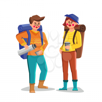 Travel Mug For Carry And Drinking Hot Drink Vector. Man And Woman Tourists Filling Cups With Beverage From Thermos Travel Tool. Characters Travelers Thermo Bottle Flat Cartoon Illustration