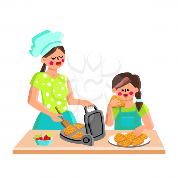 Waffle Maker Device For Cooking Cookies Vector. Mother And Daughter Baking Waffle Food With Strawberries In Electronic Kitchen Equipment. Characters Woman And Girl Cook Cakes Flat Cartoon Illustration