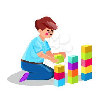 Autism Child Playing Alone With Cubes Toys Vector. Preteen Boy With Autism Spectrum Disorder Play With Building Blocks. Character With Health Problem Leisure Time Flat Cartoon Illustration