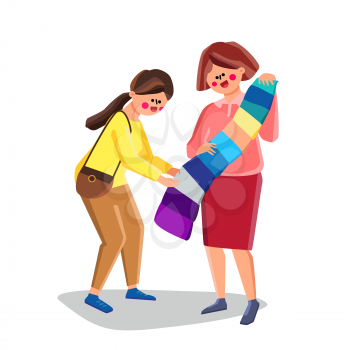 Decorator Showing Samples Of Paint To Woman Vector. Young Girl Customer Choosing Color On Palette With Decorator For Painting. Characters Professional Occupation Flat Cartoon Illustration