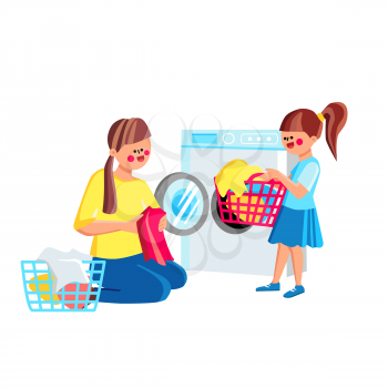Daughter Girl Helping Mother Doing Laundry Vector. Child Help Mom Sorting And Loading Laundry To Washing Machine From Clothes Basket. Characters Housework Together Flat Cartoon Illustration