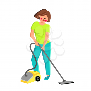 Vacuum Cleaner Using Girl For Cleaning Room Vector. Vacuum Cleaner Equipment Use Young Woman For Clean Floor. Character Lade Housework With Electronic Device Flat Cartoon Illustration