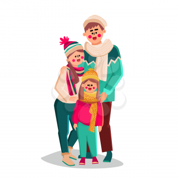 Family Walking In Winter Season Clothes Vector. Father, Mother And Daughter Walk Together On Winter Snowy Street. Characters Parents And Child Wearing Seasonal Clothing Flat Cartoon Illustration