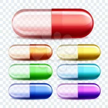 Medical Capsules Pills Different Color Set Vector. Collection Of Multicolored Pharmaceutical Transparent Medicine Capsules. Painkiller Health Care Drug Template Realistic 3d Illustrations