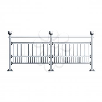Steel Chrome Railing Exterior Construction Vector. Elegant Stainless Railing, Balcony Or Urban Avenue Fencing, Metal Material Handrail. Iron Fence Template Realistic 3d Illustration