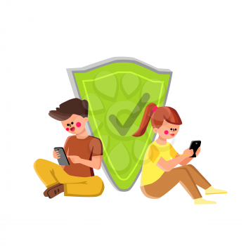 Kids Cyber Safety Connection Technology Vector. Boy And Girl Children Sitting Near Shield And Using Smartphone Gadget, Cyber Safety System. Characters With Electronic Device Flat Cartoon Illustration