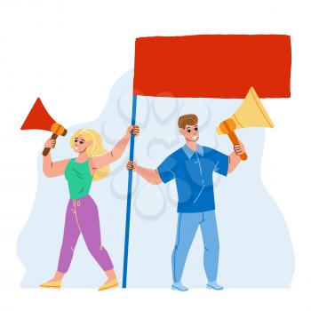 Follow Us Screaming Boy And Girl On Protest Vector. Man And Woman With Loudspeaker And Flag Scream Follow Us On Meeting Defending Social Rules. Characters Couple Protesting Flat Cartoon Illustration