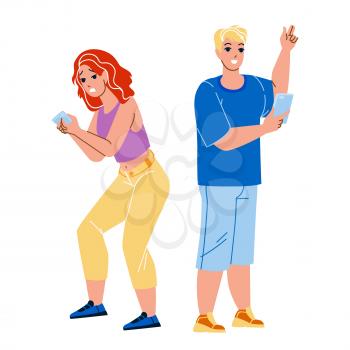 Fomo Vs Jomo Human Emotions And Behaviour Vector. Businessman And Businesswoman Fomo Vs Jomo, Positive And Negative Expression. Characters Fear Or Joy Of Missing Out Flat Cartoon Illustration