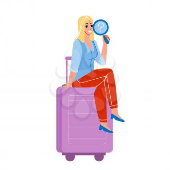 Girl Traveler Found Lost Baggage In Airport Vector. Young Woman Passenger Found Lost Luggage, Airline Service Trouble. Character Searching And Finding Suitcase Flat Cartoon Illustration