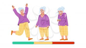 Old Woman Mood Laugh, Smile And Unhappy Vector. Happy Grandmother Mood Jumping, Standing And Smile, Stress And Crying. Character Elderly Lady Negative And Positive Emotion Flat Cartoon Illustration