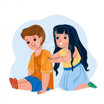 Kids Empathy Upset Friend In Kindergarten Vector. Girl Consoling And Encouraging Upset Boy. Characters Preschool Children Supporting And Comforting, Relationship Flat Cartoon Illustration
