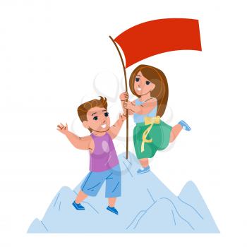 Children Goal And Successful Achievement Vector. Cheerful Boy And Girl Installing Flag On Mountain Peak, Childhood Success Done Goal. Characters Schoolboy And Schoolgirl Flat Cartoon Illustration