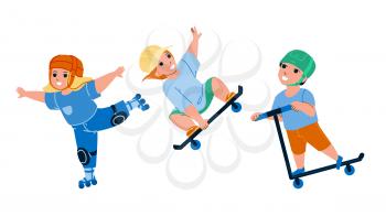 Children Enjoying In Extreme Skate Park Vector. Boy And Girl Kids Riding Skate Board, Rollers And Kick Scooter Together. Characters Infant Riders Active Sport Time Flat Cartoon Illustration