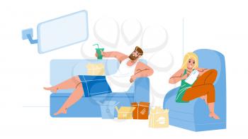 Lazy Man And Woman Resting Together Home Vector. Lazy Guy Sitting On Sofa, Eating Fast Food And Watching Tv, Girl Sit In Armchair And Using Smartphone. Characters Enjoyment Flat Cartoon Illustration