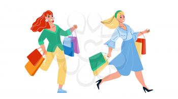 Women Running On Sale Shopping Together Vector. Happy Girls Shoppers With Bag Run On Seasonal Sale Shopping And Buying. Characters Ladies Customers Consumerism Flat Cartoon Illustration