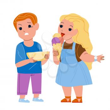Taste Sense Of Different Eatery Product Vector. Boy And Girl Children Taste Sense, Eating Lemon Citrus And Delicious Sugary Ice Cream. Characters Eat Tasty Food Flat Cartoon Illustration