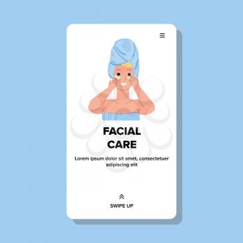 Facial Care Beauty Procedure Treatment Girl Vector. Young Woman Using Face Patch For Facial Care. Character Lady Enjoying Skincare Accessory In Spa Salon Web Flat Cartoon Illustration