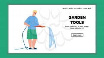 Garden Tools Using Man Farmer On Farmland Vector. Farm Land Worker Young Boy Watering Growing Vegetable With Garden Tools And Care Agricultural Plant. Character Gardener Web Flat Cartoon Illustration