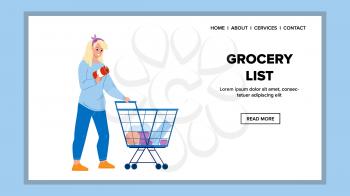 Grocery List For Buying Products In Market Vector. Young Woman Customer With Grocery List Choosing Food And Goods In Supermarket. Character Shopping Nutrition Web Flat Cartoon Illustration
