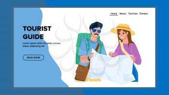 Tourist Guide Researching Travelers Couple Vector. Travelers Looking At Tourist Guide Map For Search Urban Monument And Interesting Place. Characters Traveling Web Flat Cartoon Illustration