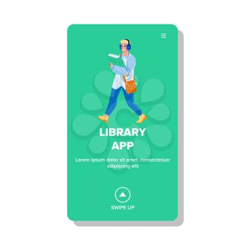 Library App Using Man For Listen Audiobook Vector. Young Boy Walking With Book And Listen Audio Literature On Smartphone Library App. Character E-book Application Web Flat Cartoon Illustration