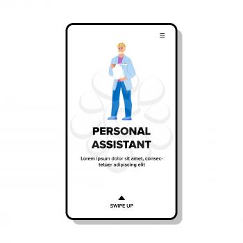 Personal Assistant Standing With Tablet Vector. Businessman Personal Assistant Holding Digital Device For Managing Task. Character Man Employee Working Web Flat Cartoon Illustration