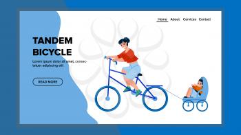 Tandem Bicycle Riding Mother And Son Family Vector. Woman And Small Boy Kid Ride Tandem Bicycle Together Outdoor. Characters Bicyclist Recreation Activity Web Flat Cartoon Illustration