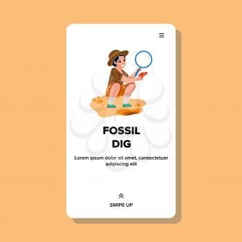 Archeology Fossil Dig Doing Schoolgirl Vector. Paleontology Fossil Dig Exploration And Researching School Girl With Magnifying Glass. Character Young Science Web Flat Cartoon Illustration