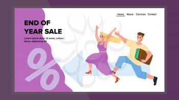 People Running On End Of Year Sale Shop Vector. Man And Woman Customers Run On End Of Year To Commercial Center. Characters Clients Shop Holiday Selling Web Flat Cartoon Illustration