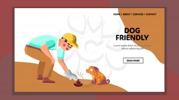 Dog Friendly Walking In Park And Clean Up Vector. Dog Friendly Walk Togetherness Outdoor And Cleaning Up. Character Man And Domestic Animal Pet Together Web Flat Cartoon Illustration