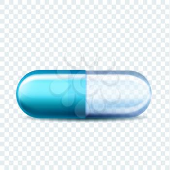 Medical Capsule Pill Disease Treatment Vector. Pharmaceutical Transparent Medicine Capsule With Antibiotic Or Aspirin. Pharmacy Pain Killer Healthcare Drug Template Realistic 3d Illustration