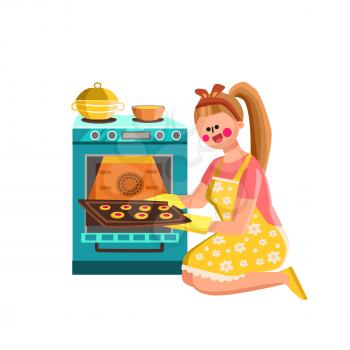 Woman Baker Baking Cookies In Kitchen Oven Vector. Young Girl Baking Cookies Food, Housewife Holding Freshly Baked Cakes On Tray. Character Lady Cooking Delicious Dessert Flat Cartoon Illustration