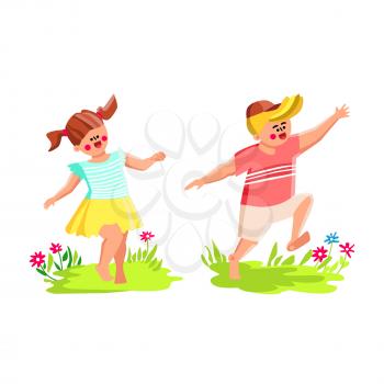Barefoot Children Running On Flower Meadow Vector. Boy And Girl Kids Run Barefoot On Green Grass Field Or Park. Character Leisure Funny Time Outdoor Nature Flat Cartoon Illustration