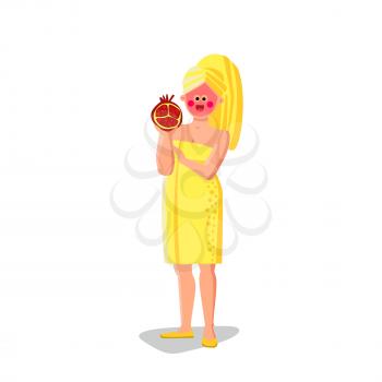 Pomegranate Face Mask Treat Young Woman Vector. Girl Wearing Towel After Bath Holding Pomegranate Fruit And Applying Natural Face Cream. Character Cosmetology Skin Care Flat Cartoon Illustration