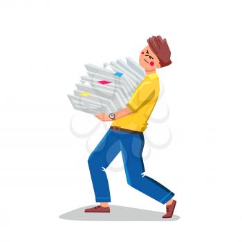 Bureaucracy Paperwork Of Busy Businessman Vector. Business Man Carrying Pile Of Documentation Paper And Doing Bureaucracy Job. Character Administration Job Flat Cartoon Illustration