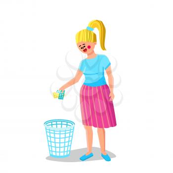 Expired Medicine Girl Throwing In Trashcan Vector. Young Woman Throw Expired Medicine Packages In Rubbish Basket. Character Pharmaceutical Drug Utilization Flat Cartoon Illustration