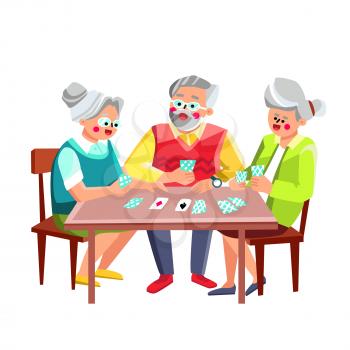 Older People Playing Cards Game Together Vector. Man And Women Friends Pensioners Sitting At Table And Playing Cards. Characters Elderly Players Funny Leisure Time Flat Cartoon Illustration