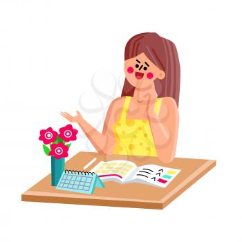 Woman Planning Day And Writing In Notebook Vector. Young Girl Planner Sitting At Table And Thinking And Planning Week Or Vacation. Character Lady Occupation Flat Cartoon Illustration