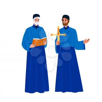 Catholic Priest Men With Praying Cross Vector. Catholic Priest Holding And Reading Bible Religion Book During Mass On Altar. Characters Catholicism Religious Pastors Flat Cartoon Illustration