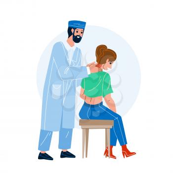 Cervical Spine Examination And Treatment Vector. Doctor Neurologist Checking And Treat Patient Cervical Spine. Characters Man And Woman Medical Healthcare Flat Cartoon Illustration