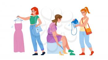 Female Shopping Occupation In Clothes Store Vector. Woman Trying Shoes, Choosing Dress And Bag In Clothing Shop, Female Shopping. Characters Making Purchase Flat Cartoon Illustration