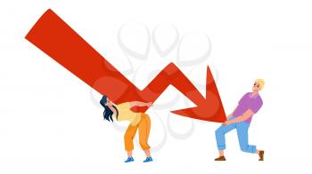 Business Financial Crisis Of Businesspeople Vector. Businessman And Businesswoman Trying To Stop Down Decrease Arrow, Financial Crisis And Bankruptcy. Characters Flat Cartoon Illustration