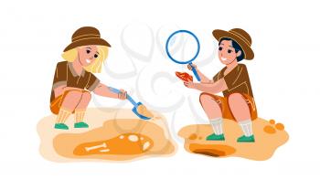 Paleontology Occupation Making Children Vector. Paleontology Scientist Kids Working On Excavation, Exploring And Researching Founded Artifacts. Characters Archeology Job Flat Cartoon Illustration