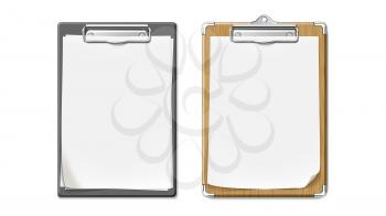 Clip Board With Wooden And Plastic Desk Set Vector. Clip Board With Blank Paper List Sheet Attached, Checklist For Writing Task And Drawing Creative Image. Clipboards Mockup Realistic 3d Illustrations